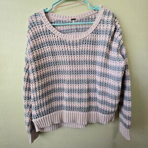 FREE PEOPLE Striped Oversized Chunky Cotton Knit Sweater Sz XS Pink Gray